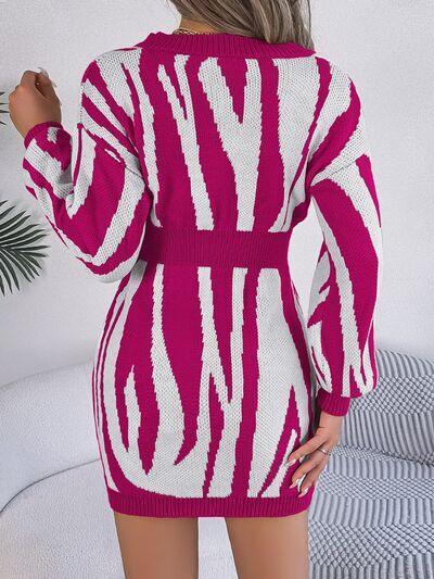 Bold And Wild Long Sleeve Zebra Print Sweater Dress-MXSTUDIO.COM