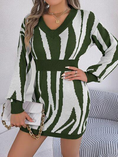 Bold And Wild Long Sleeve Zebra Print Sweater Dress-MXSTUDIO.COM