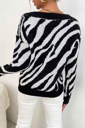 Bold Drop Shoulder V-Neck Zebra Sweater - MXSTUDIO.COM