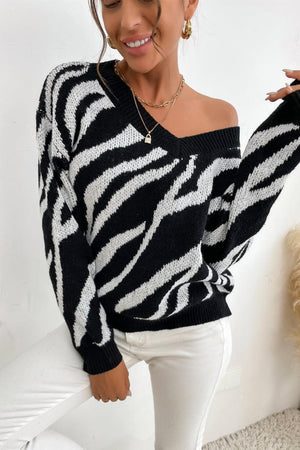 Bold Drop Shoulder V-Neck Zebra Sweater - MXSTUDIO.COM