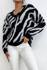 Bold Drop Shoulder V-Neck Zebra Sweater - MXSTUDIO.COM