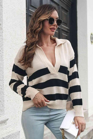 Bold and Warm Collared Striped Sweater - MXSTUDIO.COM