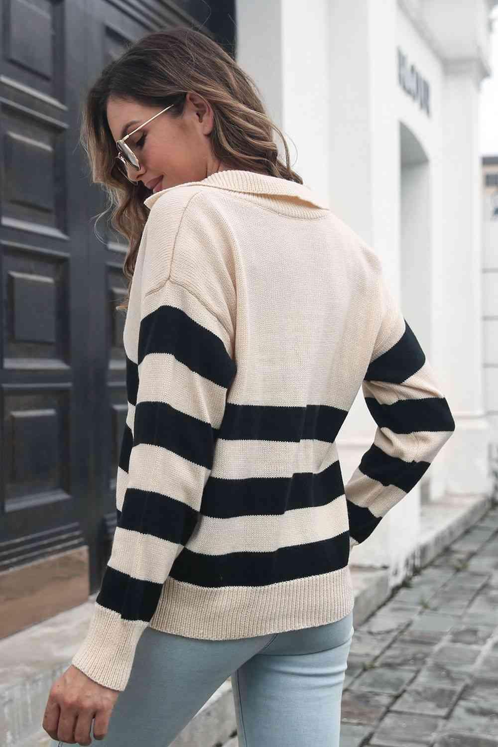 Bold and Warm Collared Striped Sweater - MXSTUDIO.COM