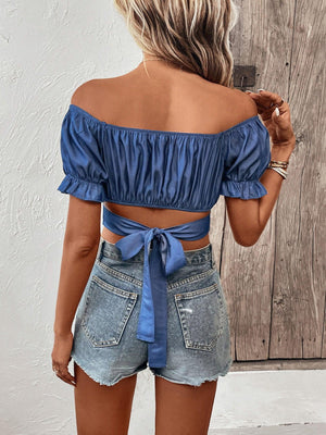 Bombshell Ruched Off Shoulder Crop Top - MXSTUDIO.COM