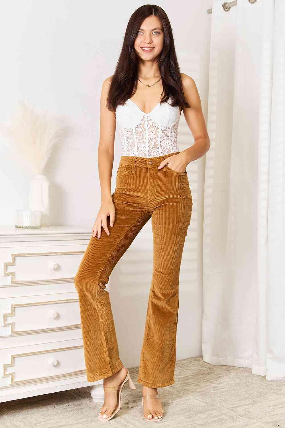 Bootcut Design Mid Rise Plus Size Corduroy Pants - MXSTUDIO.COM