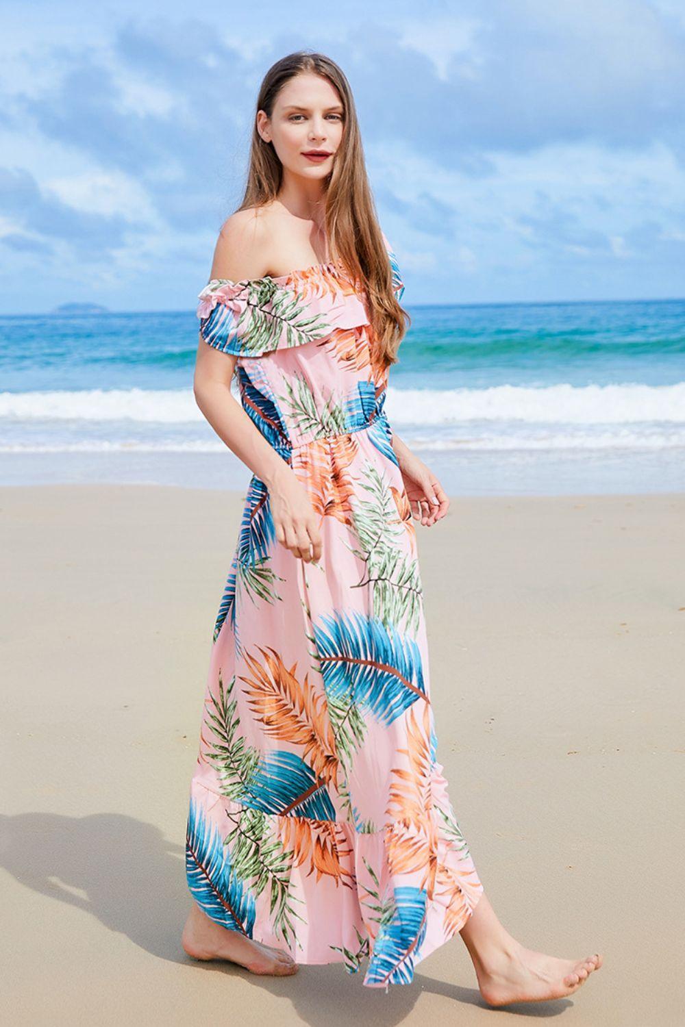 Botanical Charm Off Shoulder Ruffle Maxi Dress - MXSTUDIO.COM