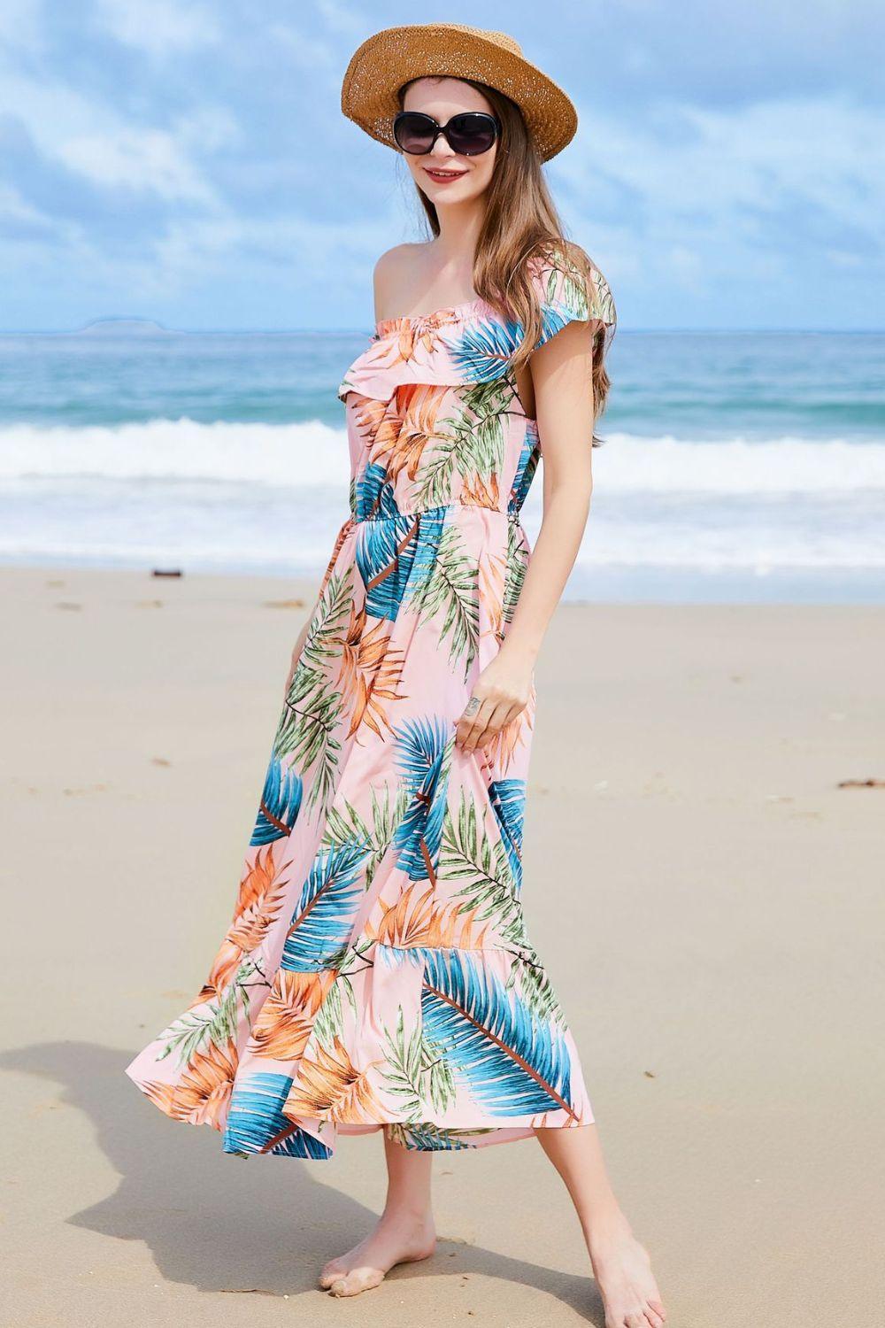 Botanical Charm Off Shoulder Ruffle Maxi Dress - MXSTUDIO.COM