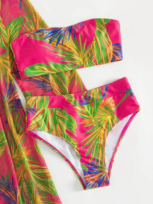 a bikini top and bottom with a tropical print