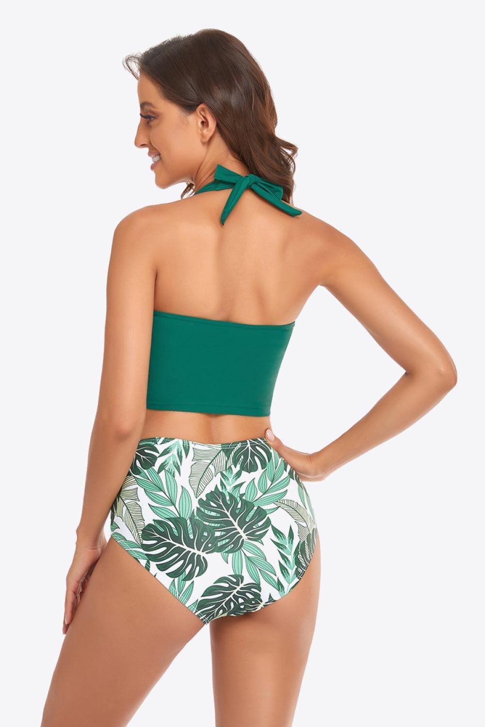 Botanical Print Bottom Halter Top Bikini Set - MXSTUDIO.COM