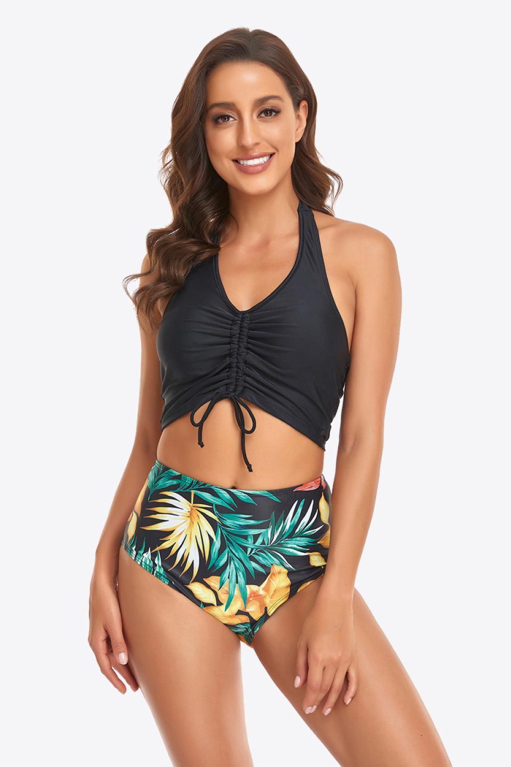 Botanical Print Bottom Halter Top Bikini Set - MXSTUDIO.COM