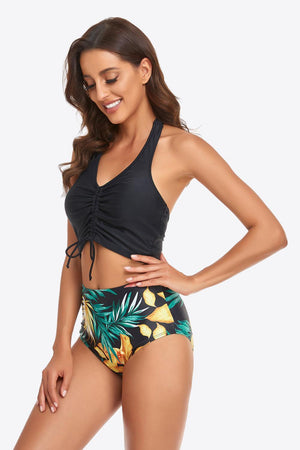 Botanical Print Bottom Halter Top Bikini Set - MXSTUDIO.COM