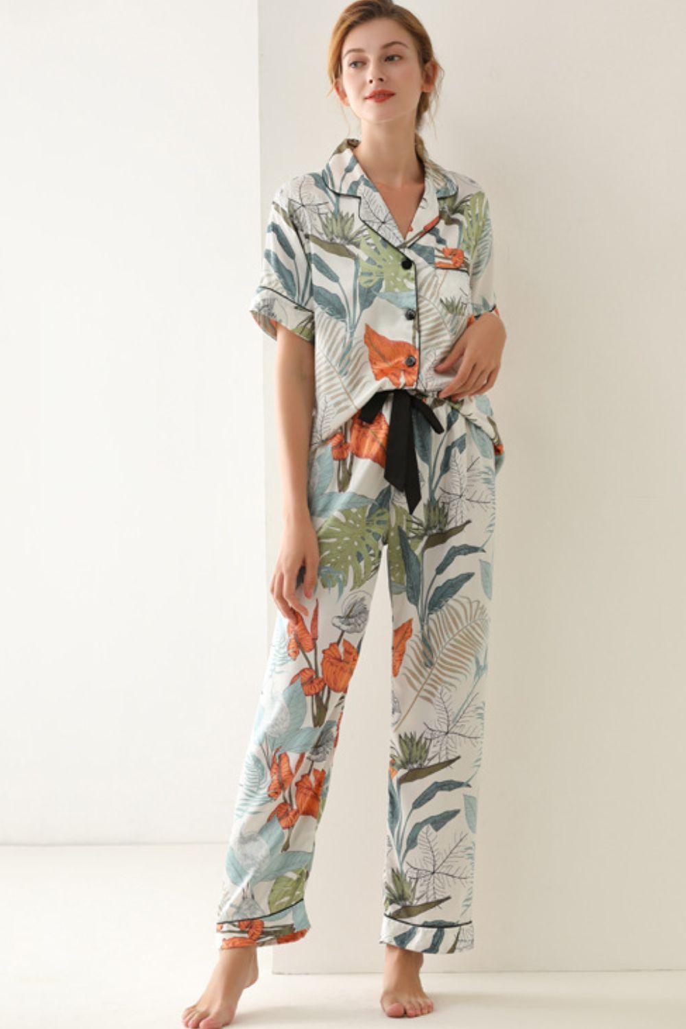 Botanical Serenity Satin Shirt And Pants Pajama Set - MXSTUDIO.COM