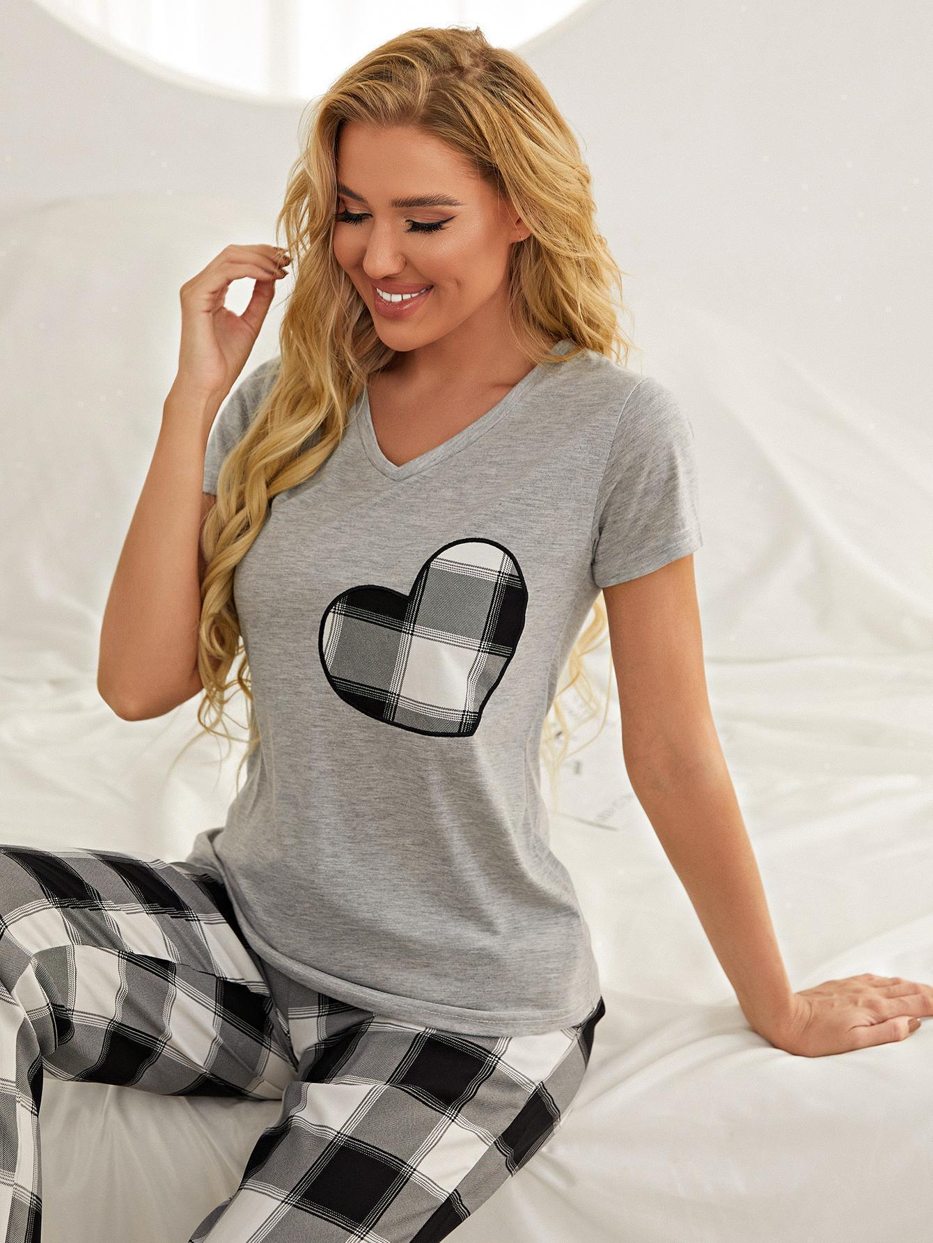 Breathable Heart Tee Plaid Loungewear Set - MXSTUDIO.COM