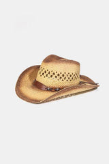 a straw hat with a leather band