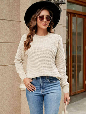 Breezy Chic Crew Neck Raglan Sleeve Sweater-MXSTUDIO.COM