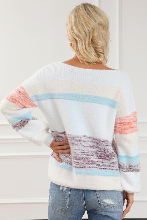 Breezy Chic Striped Long Sleeve Sweater-MXSTUDIO.COM