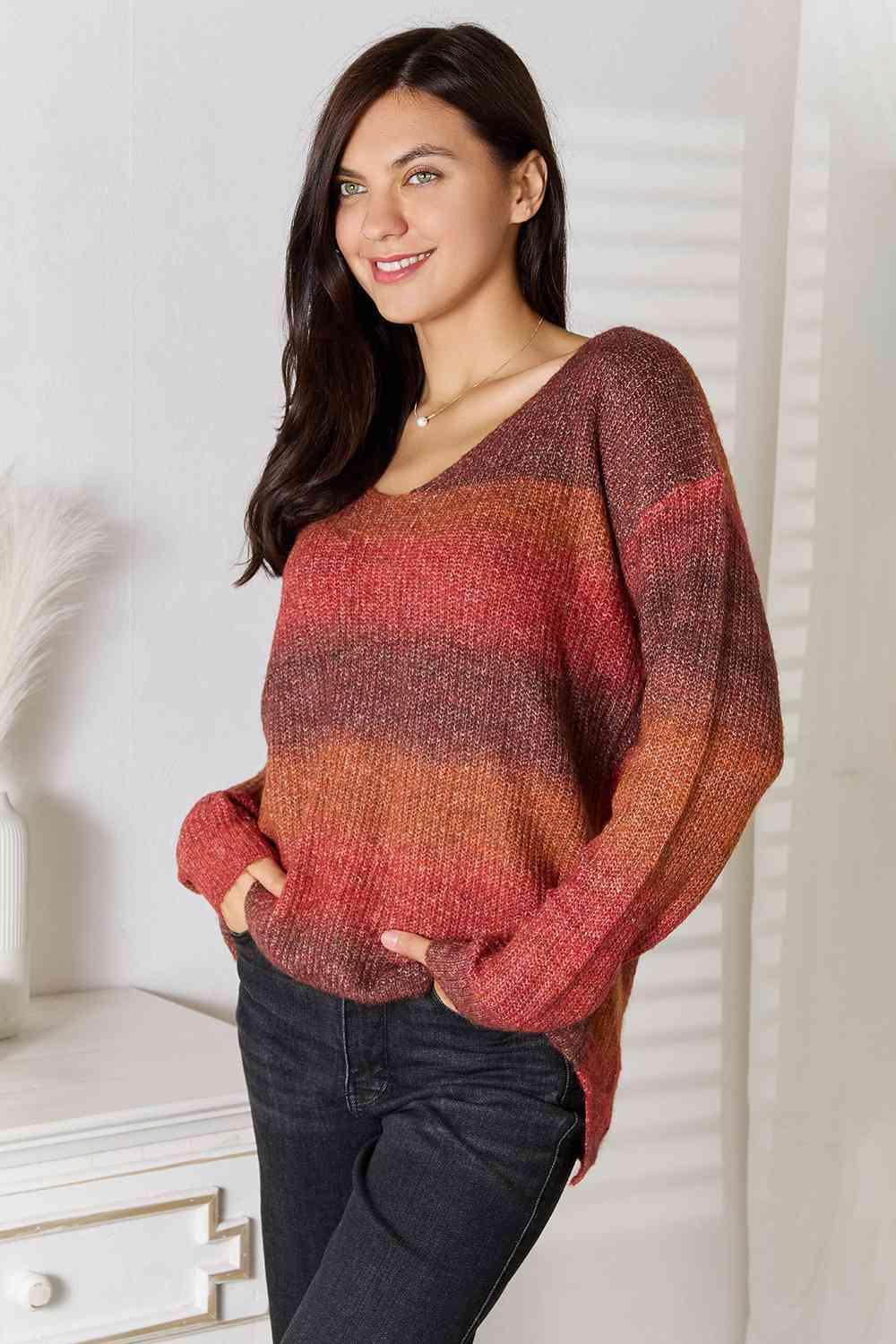 Brick Red Gradient Women's Drop Shoulder Sweater - MXSTUDIO.COM