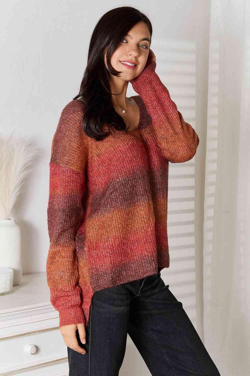 Brick Red Gradient Women's Drop Shoulder Sweater - MXSTUDIO.COM