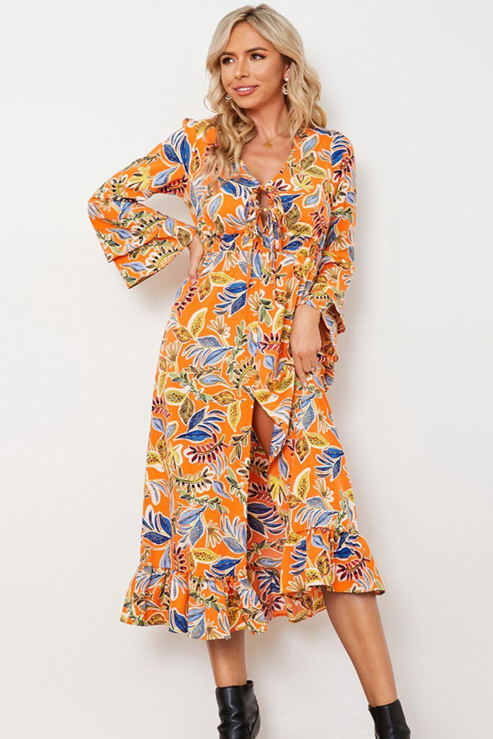 Bright Flare Long Sleeve Ruffle Midi Dress - MXSTUDIO.COM