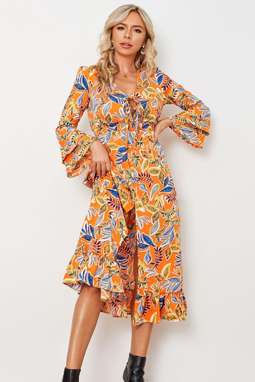 Bright Flare Long Sleeve Ruffle Midi Dress - MXSTUDIO.COM