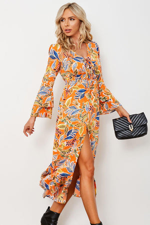 Bright Flare Long Sleeve Ruffle Midi Dress - MXSTUDIO.COM