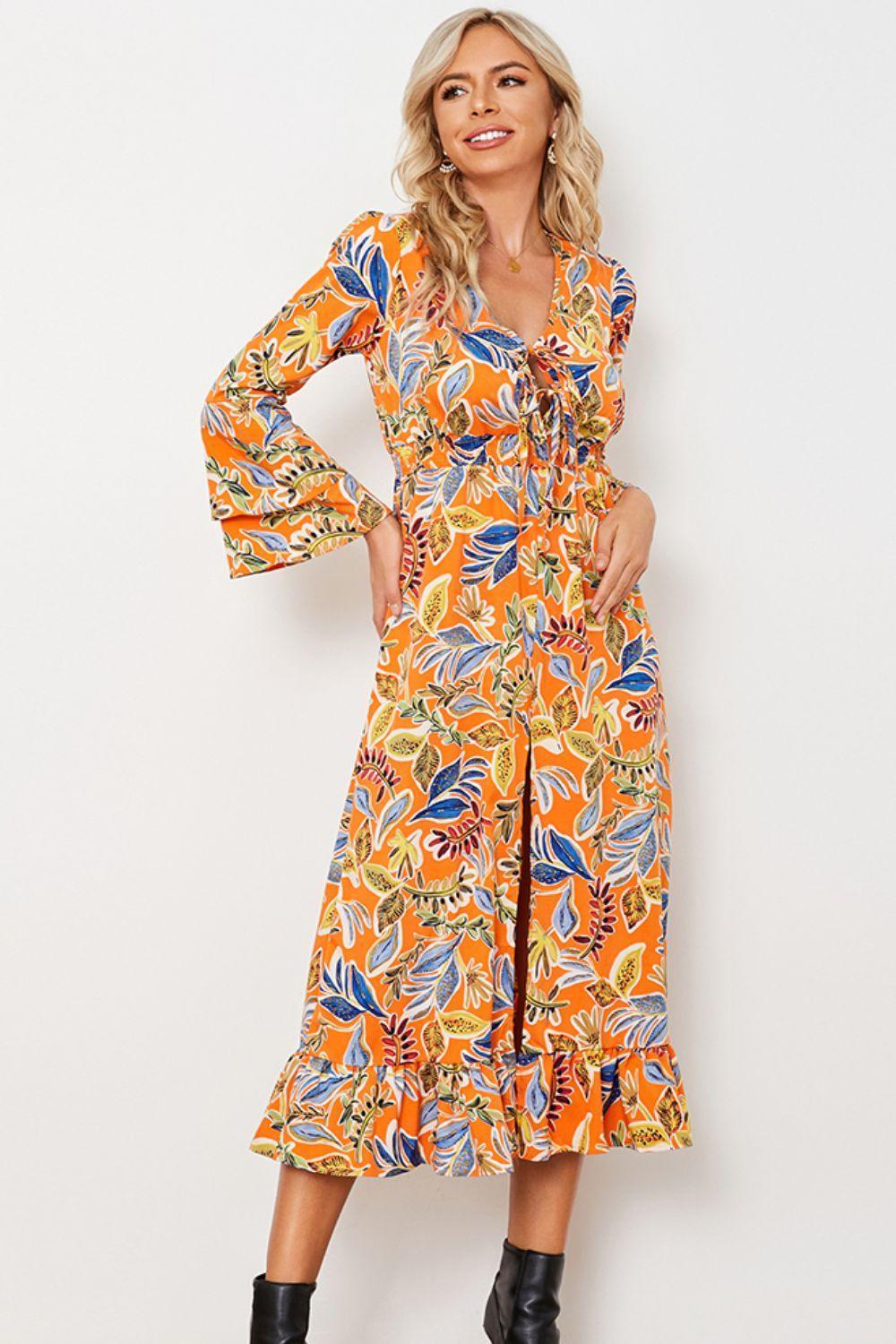 Bright Flare Long Sleeve Ruffle Midi Dress - MXSTUDIO.COM