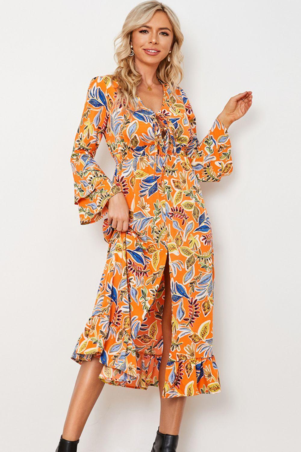 Bright Flare Long Sleeve Ruffle Midi Dress - MXSTUDIO.COM