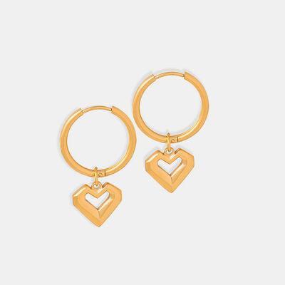 a pair of gold hoop earrings with a heart