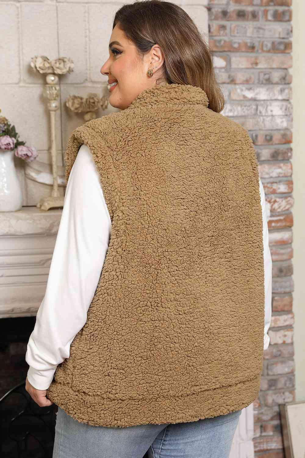 Brown Open Front Plus Size Sweater Vest - MXSTUDIO.COM