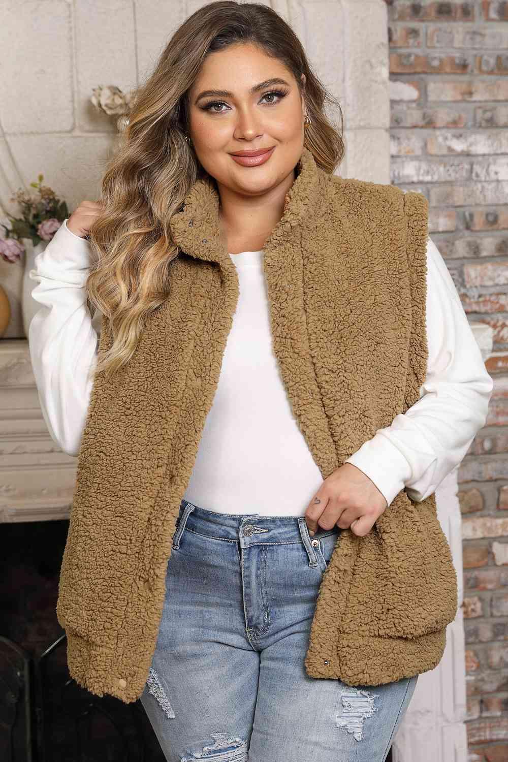 Brown Open Front Plus Size Sweater Vest - MXSTUDIO.COM
