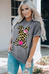 Bunny Leopard Cuffed Gray Graphic Tee - MXSTUDIO.COM