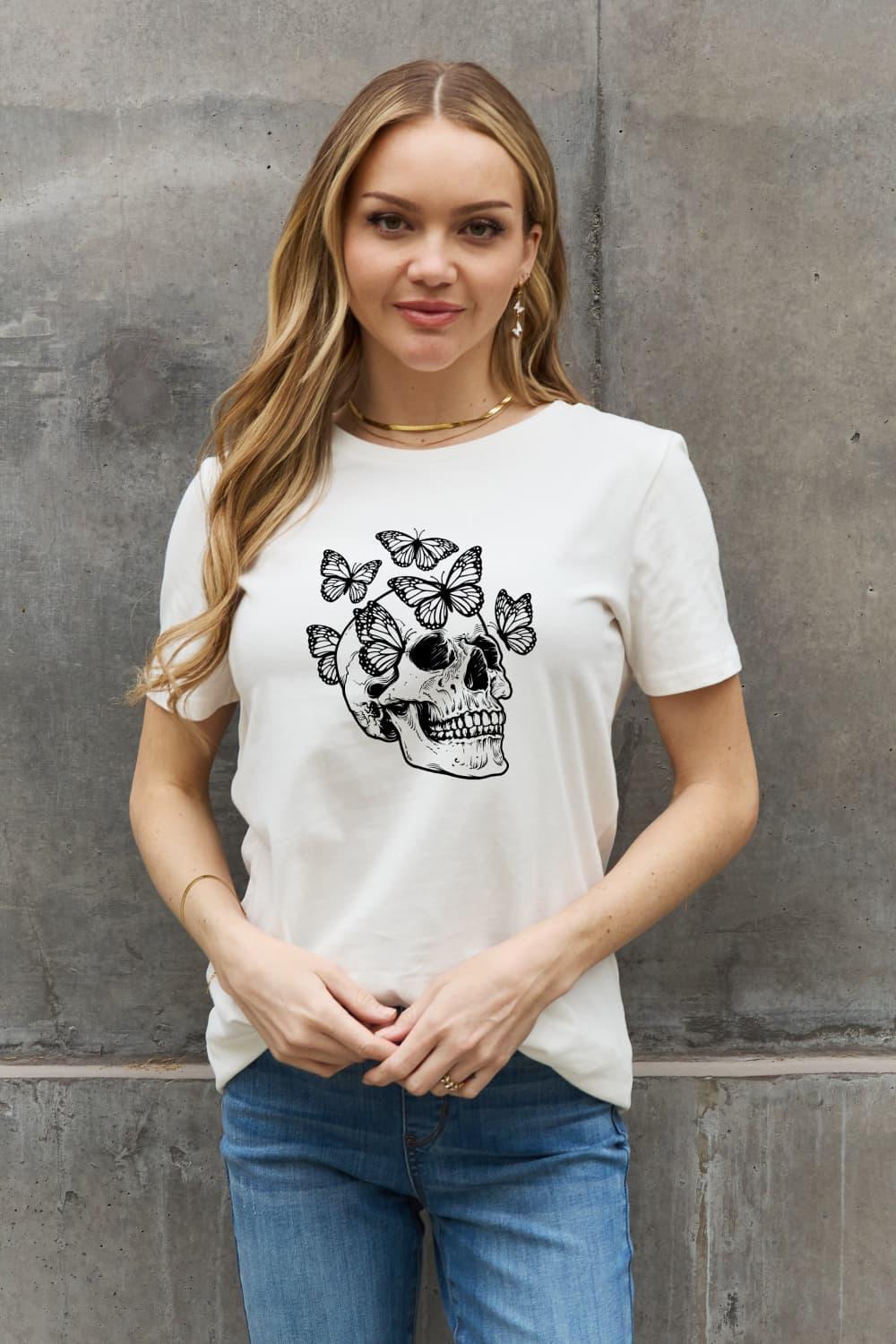 Butterfly Short Sleeve Skull Graphic Tee - MXSTUDIO.COM