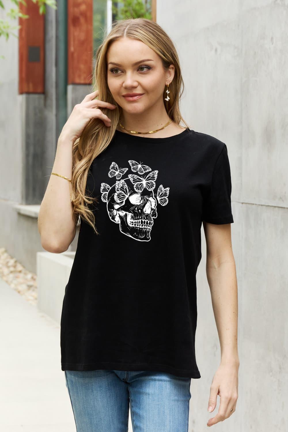 Butterfly Short Sleeve Skull Graphic Tee - MXSTUDIO.COM