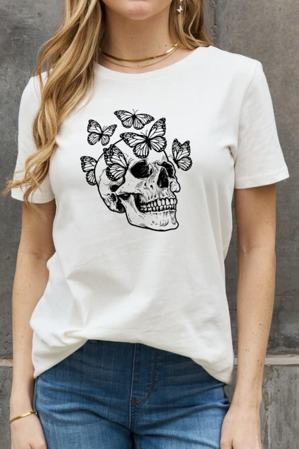 Butterfly Short Sleeve Skull Graphic Tee - MXSTUDIO.COM