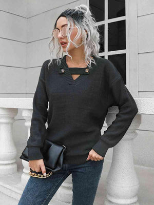 Button Detail Drop Shoulder Sweater - MXSTUDIO.COM