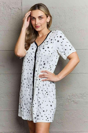 Button Down Star Printed White V Neck Nightgown - MXSTUDIO.COM