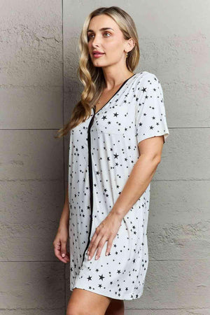 Button Down Star Printed White V Neck Nightgown - MXSTUDIO.COM