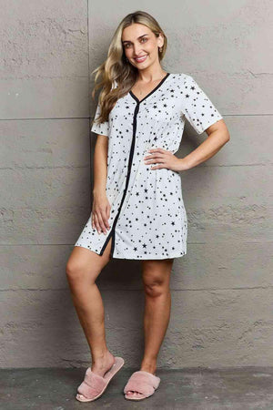 Button Down Star Printed White V Neck Nightgown - MXSTUDIO.COM