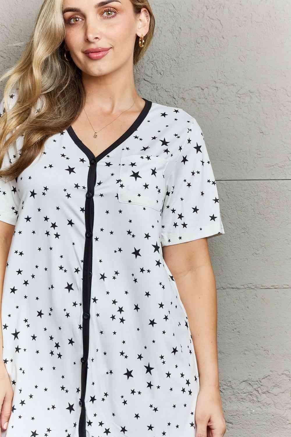 Button Down Star Printed White V Neck Nightgown - MXSTUDIO.COM