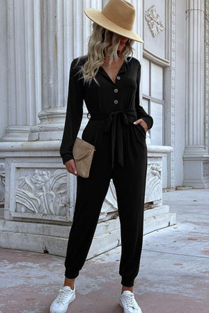 Button Front Belted Black Jogger Jumpsuit - MXSTUDIO.COM