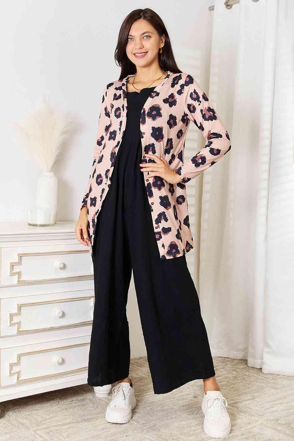 Button Front Longline Womens Leopard Cardigan - MXSTUDIO.COM