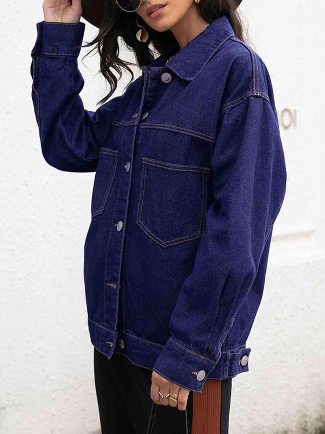 Buttoned Collared Denim Jacket - MXSTUDIO.COM