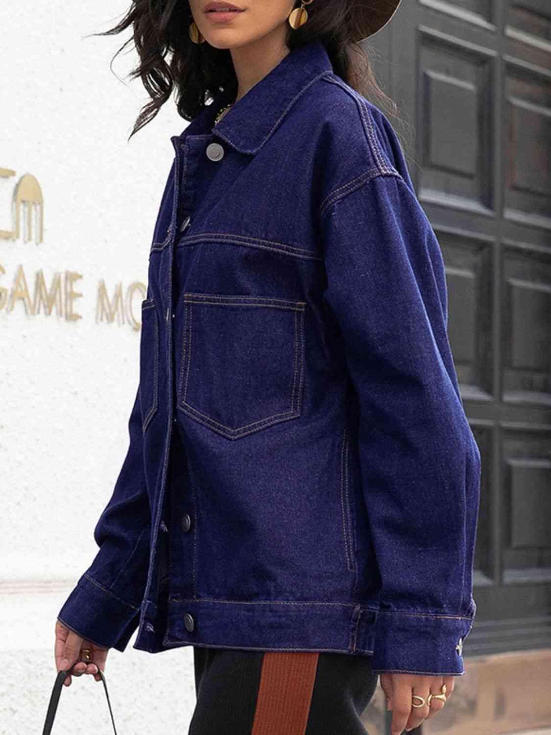 Buttoned Collared Denim Jacket - MXSTUDIO.COM