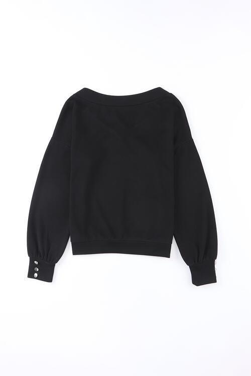 Buttoned Cuff Detail V Neck Knit Sweater-MXSTUDIO.COM