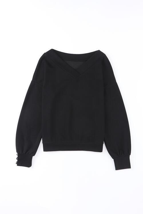 Buttoned Cuff Detail V Neck Knit Sweater-MXSTUDIO.COM