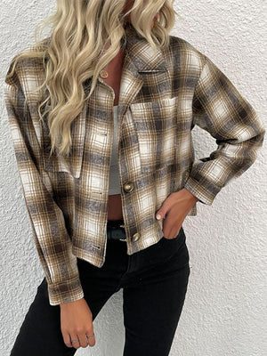 Buttoned Khaki Plaid Shacket - MXSTUDIO.COM