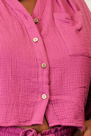 Buttoned Long Sleeve Fuchsia Crop Top And Shorts Set - MXSTUDIO.COM