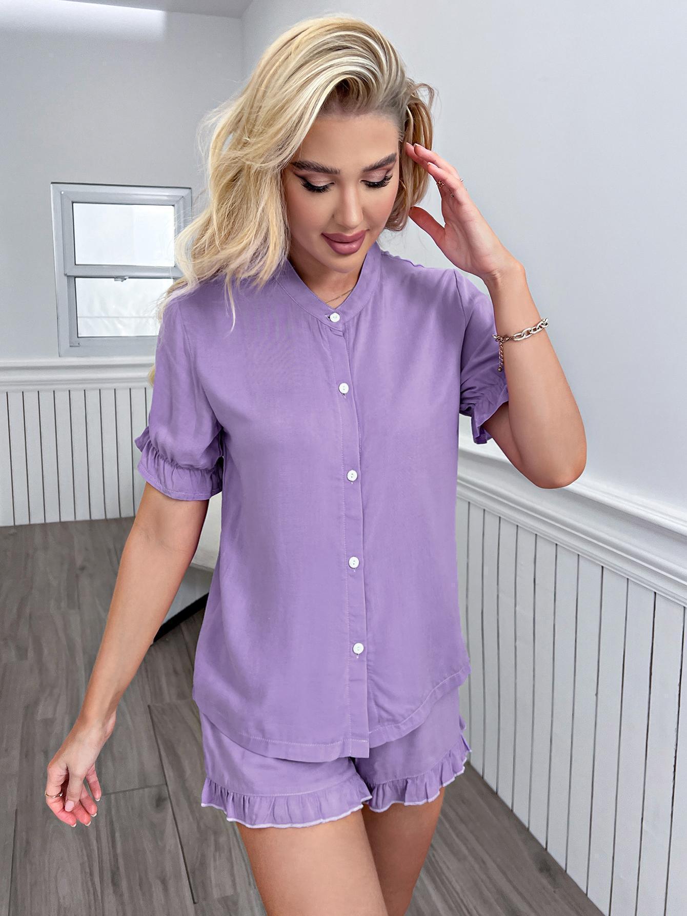 Buttoned Shirt And Frill Trim Shorts Lounge Set - MXSTUDIO.COM