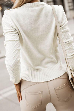 Buttoned Shoulder Detail Crew Neck White Knit Sweater-MXSTUDIO.COM