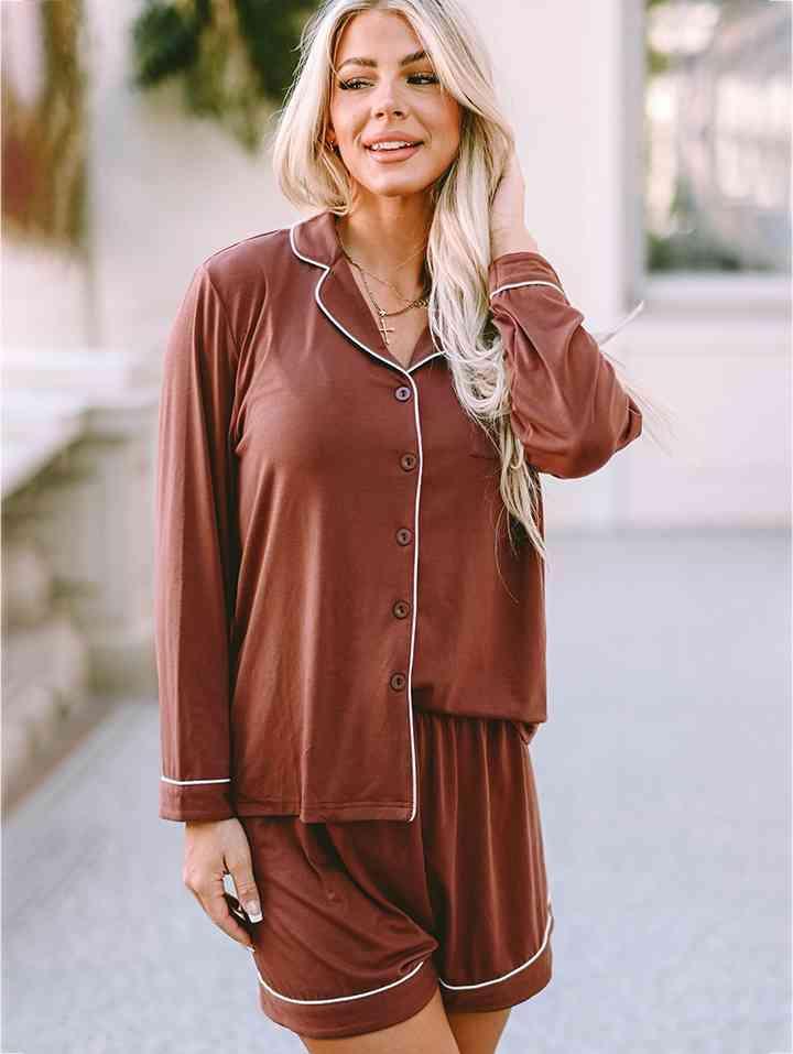 Buttoned Top And Shorts Brown Lounge Set - MXSTUDIO.COM